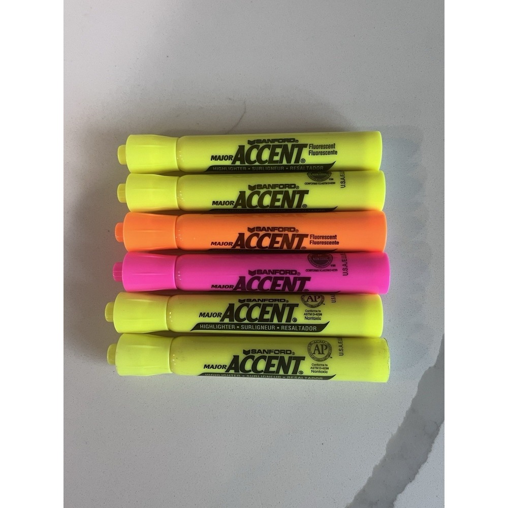 Vintage Sanford Major Accent Highlighters Set Broad Point Pink ‎ Yellow Orange